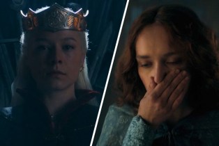Slanted side-by-side of Rhaenyra as queen and Alicent crying in 'House of the Dragon' Season 2 Episode 8