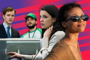 Industry Season 3 stars Harry Lawtey, Kit Harington, Marisa Abela, and Myha'la in front of a pink and purple background