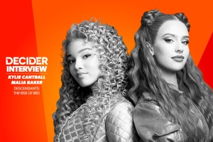 Kylie Cantrall and Malia Baker in black and white on a bright orange background