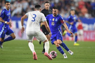Lionel Messi #10 of the Argentina National Team battles for the ball with Nicolas Samayoa #3 of the Guatemala National Team