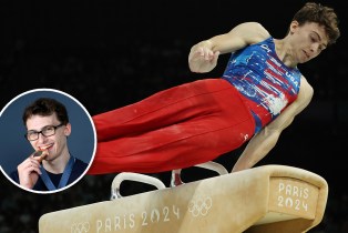 Photo of Stephen Nedoroscki on the pommel horse and circle insert of him biting bronze medal