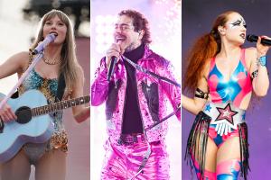 (from left to right:) Taylor Swift, Post Malone, and Chappell Roan.